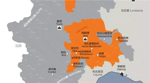 意大利阿斯蒂葡萄酒产区地图